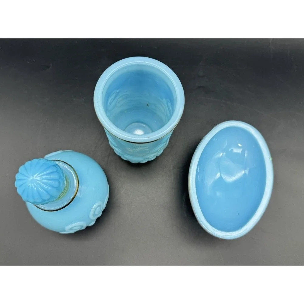 Vintage Avon Blue Milk Glass Vanity Set Decanter Vase Pedestal Dish Gold Trim